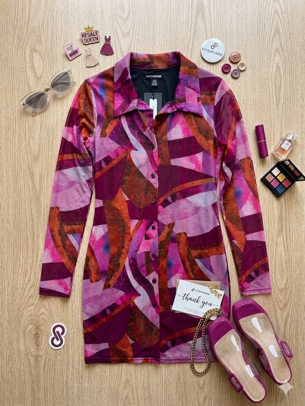 PrettyLittleThing Pink Abstract Mesh Shirt Dress- NWT